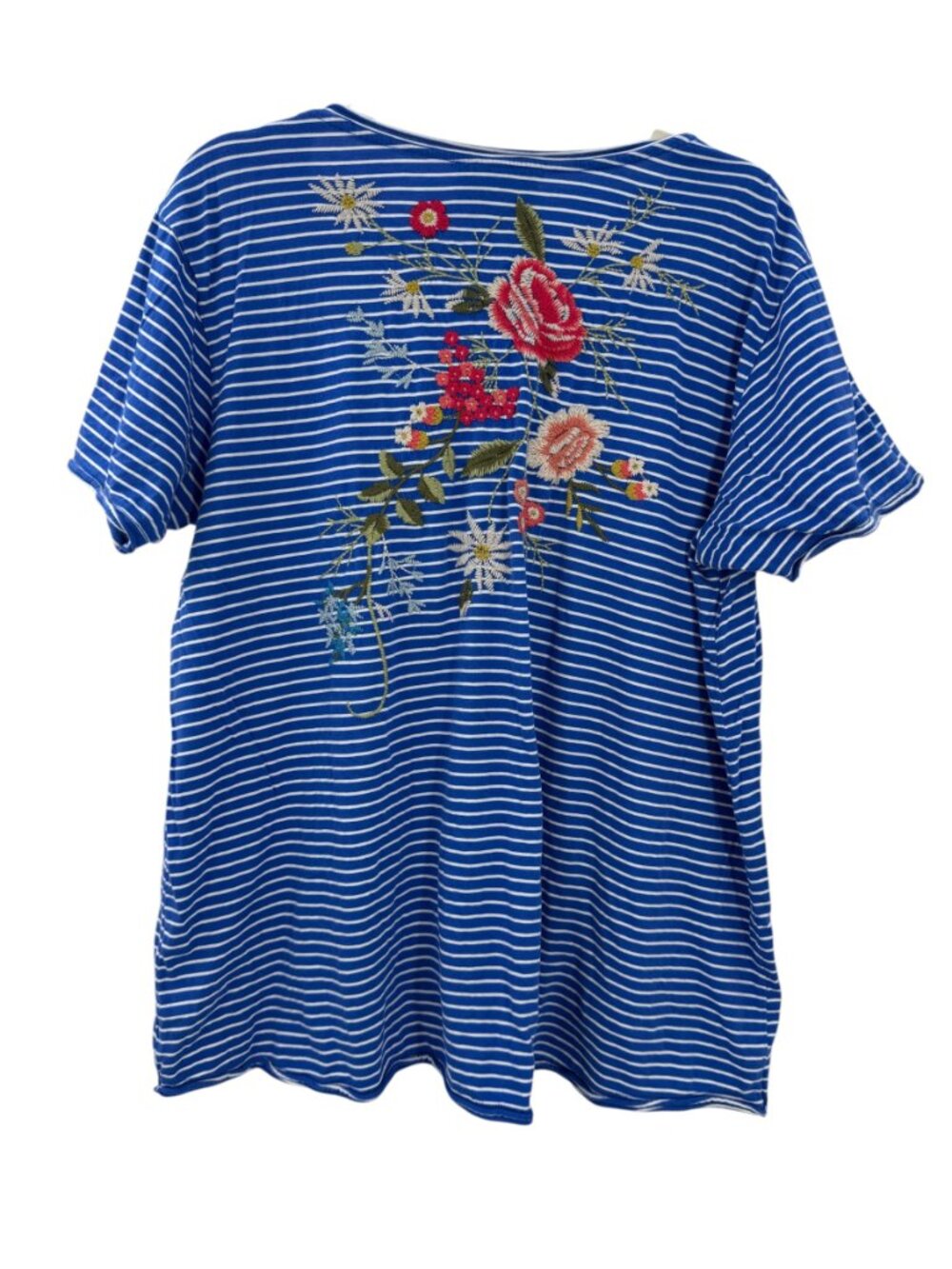 Johnny Was Catalina Everyday Tee Embroidered Floral Stripe V-Neck Tee Blue XL - Picture 11 of 11